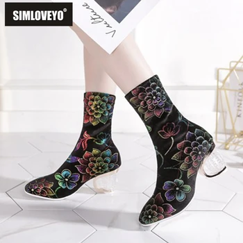 

SIMLOVEYO 2019 Autumn Chinese Flower Women Mid-Calf Boots Round Toe Transparent Clear Heels Party Big Size 44 Brand Design Shoes