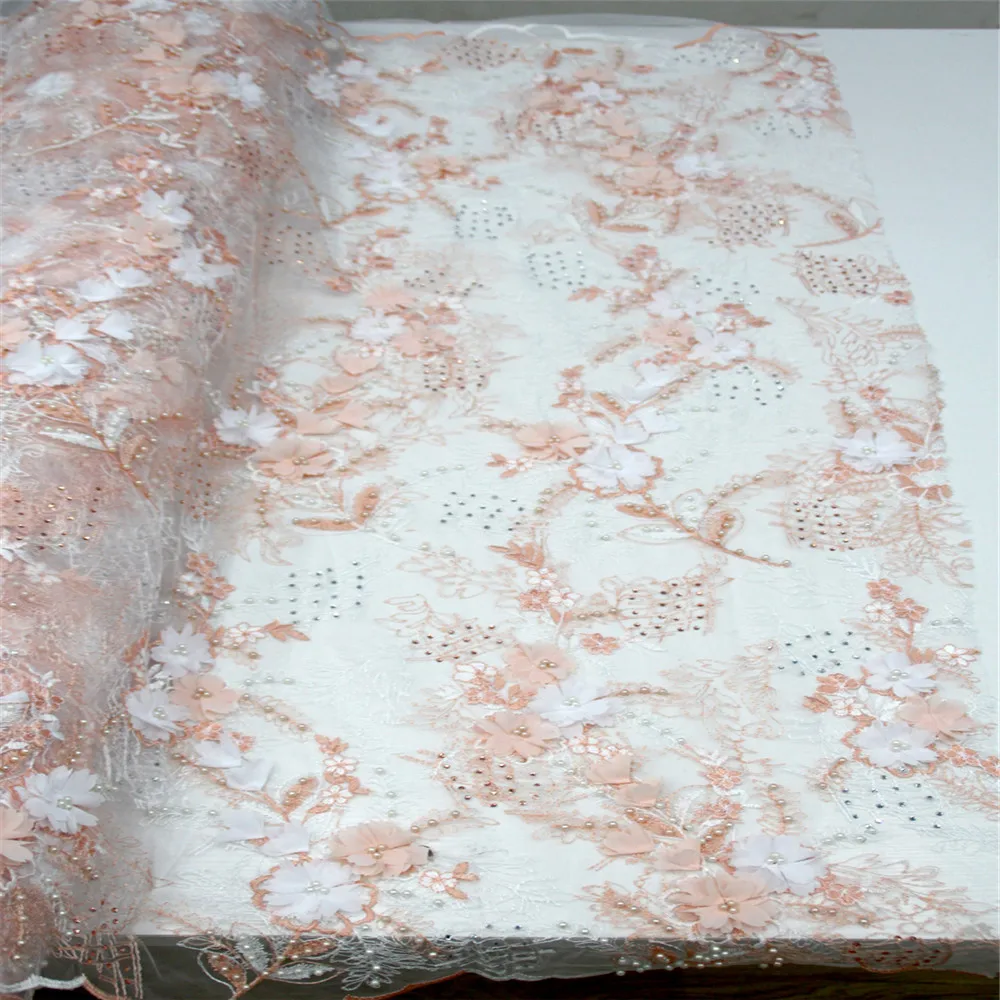 

5 yards French 3D flowers beaded lace fabric with stone Stylish design lace fabric for elegant skirt A486-2