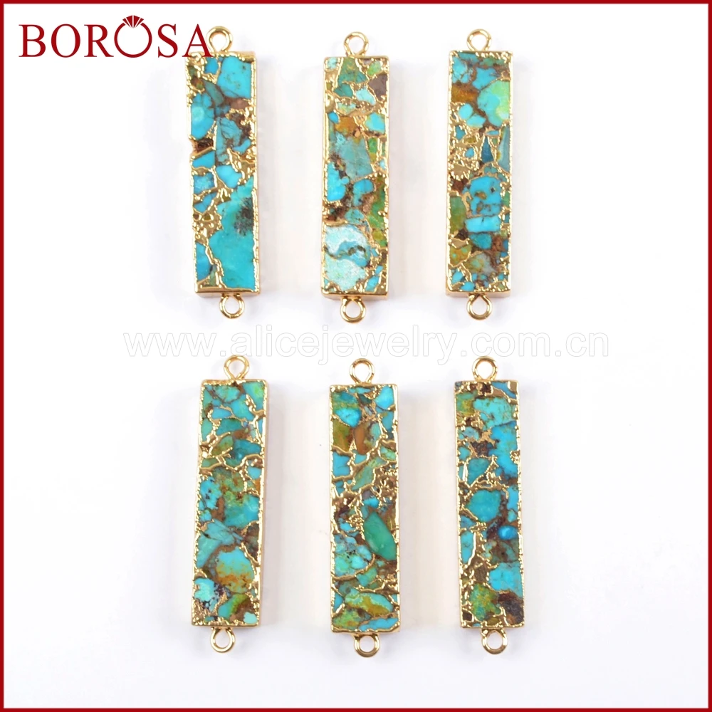 BOROSA 5/10PCS Gold Color Rectangle Copper Turquoises Connector Natural Blue Stone Double Charms Gems for Necklace Jewelry G1650 3