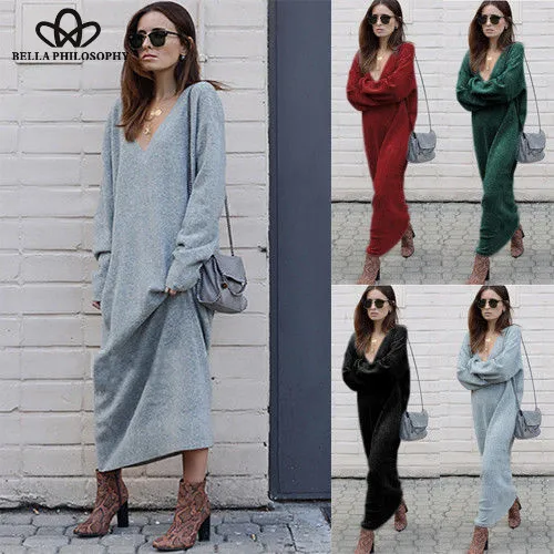 Wonder Ladies Elegant Loose Casual Knitted Long Dress Women Spring V-Neck Long Sleeve Solid Jumper Shirt Maxi Party Dresses 2019