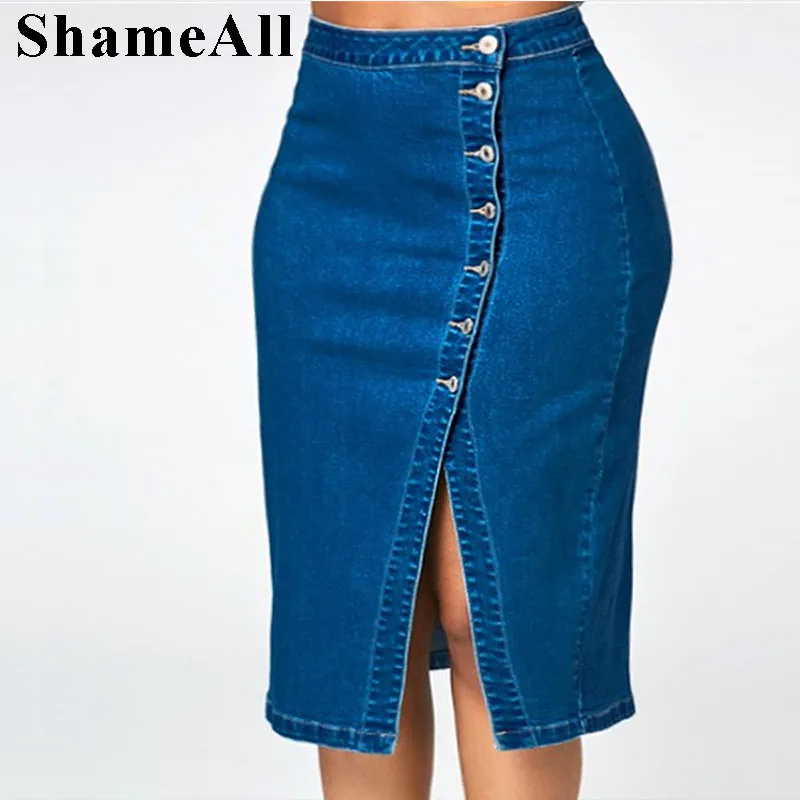 

Plus Size Denim Midi Skirt 3Xl 4Xl 5Xl Sexy Bodycon Summer Spring Office Lady High Waist Push Up Casual Split Short Jeans Skirt