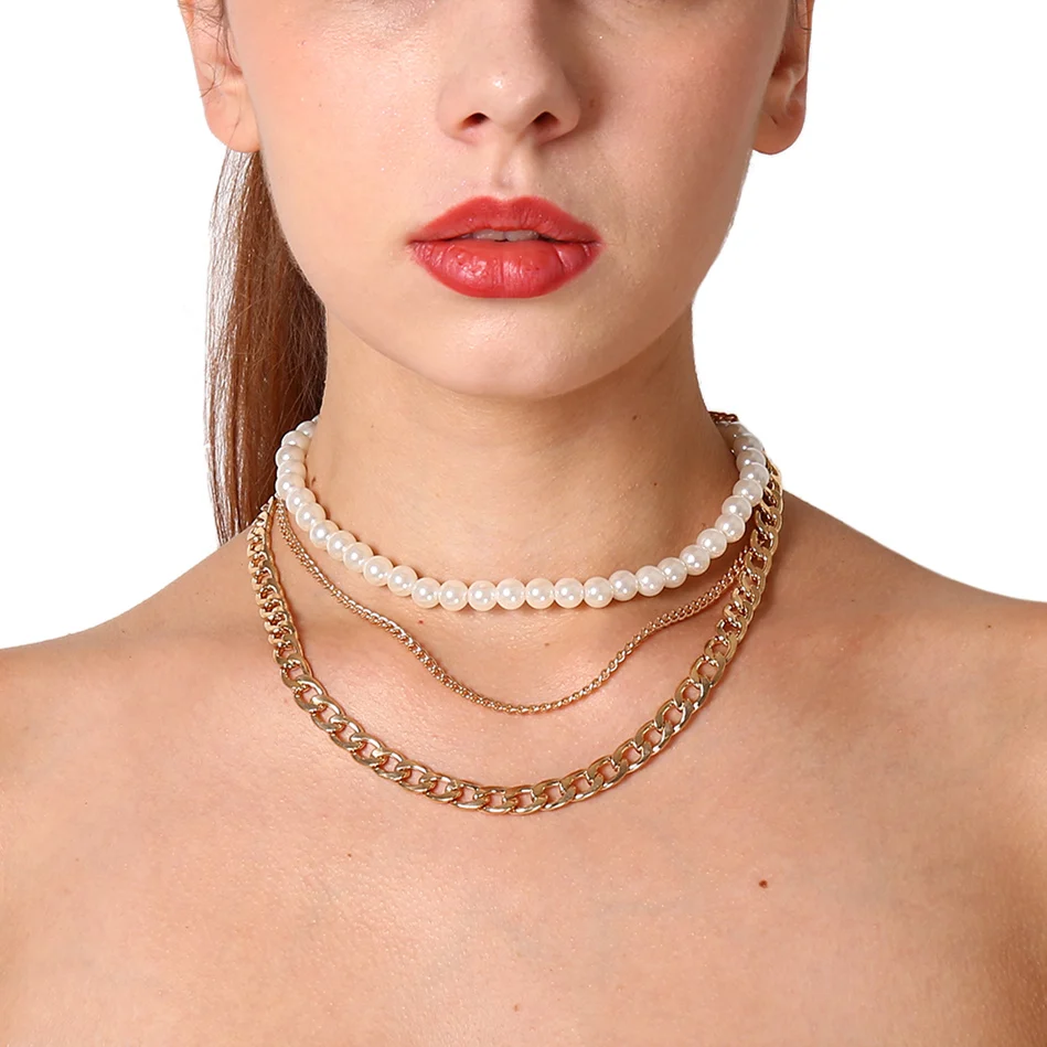 

Ingesight Vintage Multilayer Pearl Chain Choker Necklace Thick Chain Collar Neckalce for Women Gift Collier