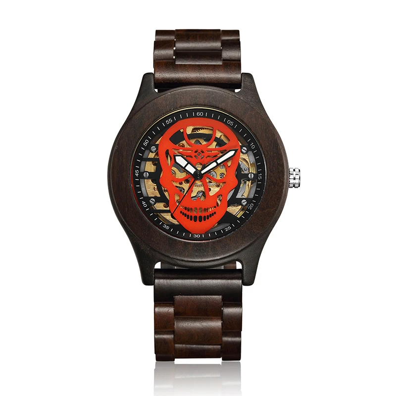 

Men Wooden Watch Creative Skull Dial Mechanical Watch Fashion Casual Quartz Movement Skeleton Wrist Watches relogio masculino