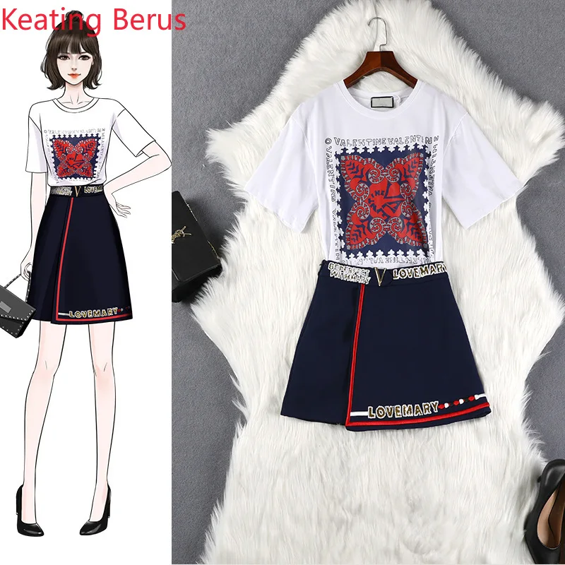 

2019 Women Summer Two-Piece Loose Plus Size 5XL White Round Neck Short Sleeve Print T-Shirt Navy Blue Short Skirt Two-Piece Set