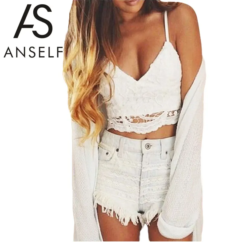 

Anself 2019 Summer New Sexy Women Crop Top Deep V Neck Spaghetti Strap Backless Tops Crochet Camisole Lace Bralette Beachwear