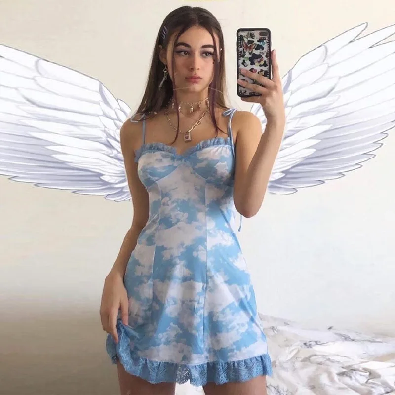 

New Summer Clouds Print Ruched Ruffles A Line Dress Women Sexy Lace Up Spaghetti Strap Bodycon Party Club Dress Mini Vestidos