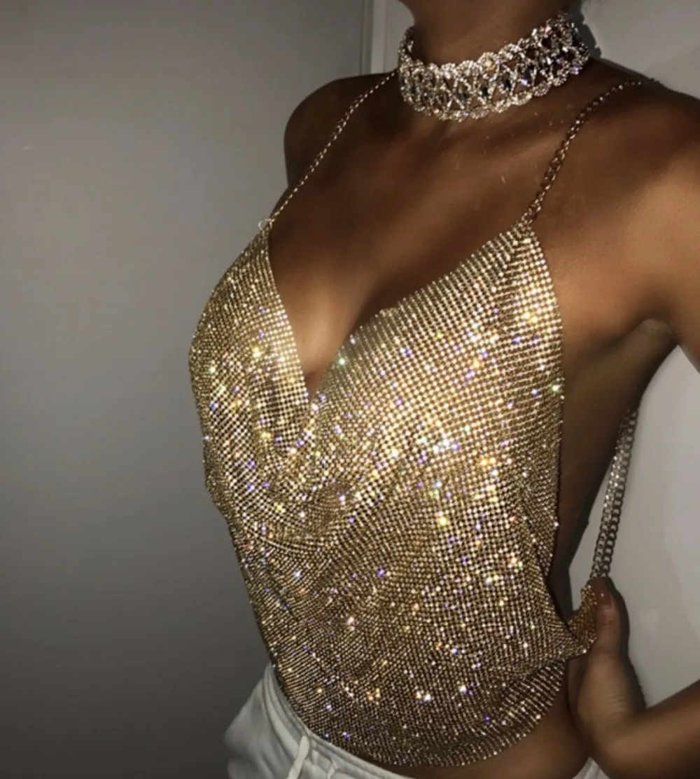 

Low-cut backless flash drill chain chain nightclub women's sling deep V exposed umbilical vest