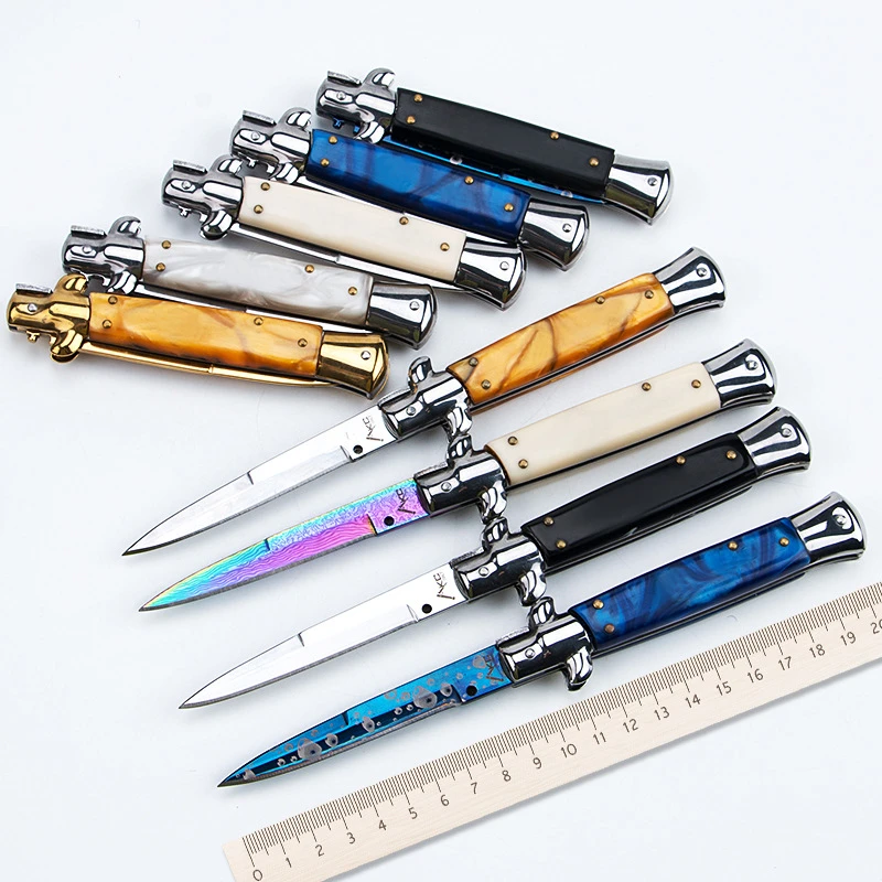 

High Quality Italian Akc Outdoor Multi-Function Portable Folding Knife Quickly Open 440c Mirror Blade Camping Knife Mafia