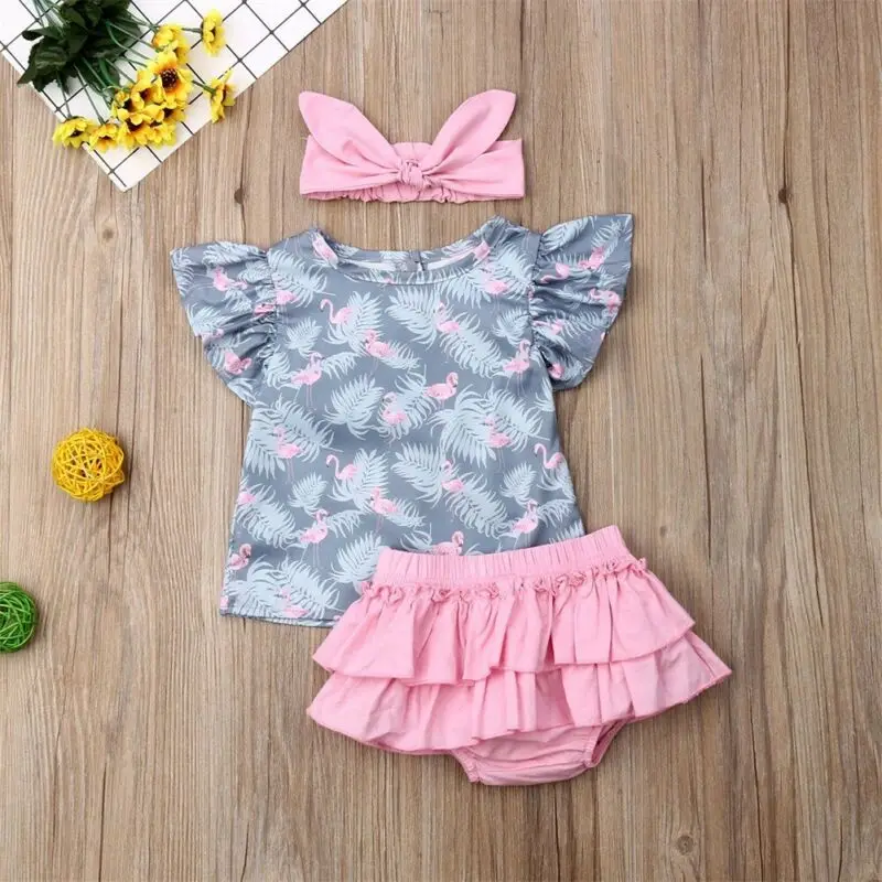 

Sweet Newborn Baby Kids Girls Clothes Lovely Girl Flamingo Ruffle Flying Sleeve Top Shirt+Culottes Pants+Headband 3Pcs Outfit
