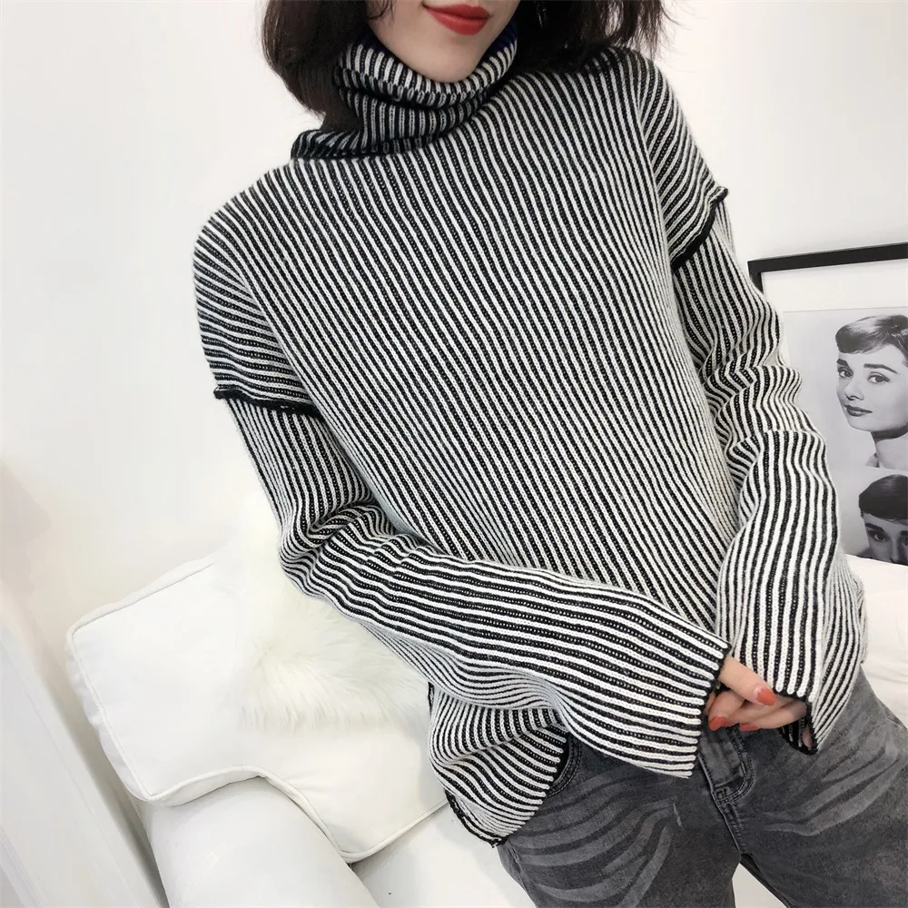 2019 New Autumn Winter High Necked Striped Sweater Long Sleeved Blouse Casual Commuter Sweaters Fashion Women Black Sweater 2019 New Autumn Winter High Necked Striped Sweater Long Sleeved Blouse Casual Commuter Sweaters Fashion Women Black Sweater