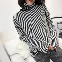 2019 New Autumn Winter High Necked Striped Sweater Long Sleeved Blouse Casual Commuter Sweaters Fashion Women Black Sweater 2019 New Autumn Winter High Necked Striped Sweater Long Sleeved Blouse Casual Commuter Sweaters Fashion Women Black Sweater
