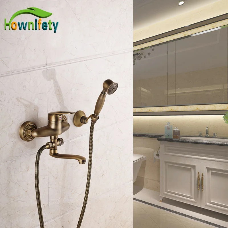 Wall Mount Antique Brass Long Bathroom Tub Spout Mixer Bathroom Shower