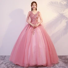 Vestidos De 15 Anos Quinceanera/ г. розовые платья милое роскошное бальное платье с v-образным вырезом для девочек 16 Пышное Платье с цветочной аппликацией и открытой спиной