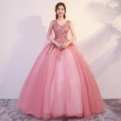 Vestidos De 15 Anos Quinceanera/2019 г. розовые платья милое роскошное бальное платье с v-образным вырезом для девочек 16 Пышное Платье с цветочной