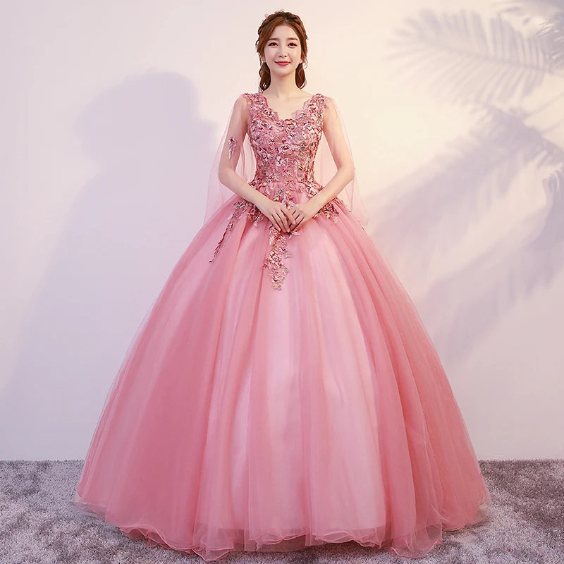 

Vestidos De 15 Anos Quinceanera 2019 Pink Dresses V-neck Girl Sweet 16 Ball Gown Luxury Applique Flower Open Back Pageant Gown