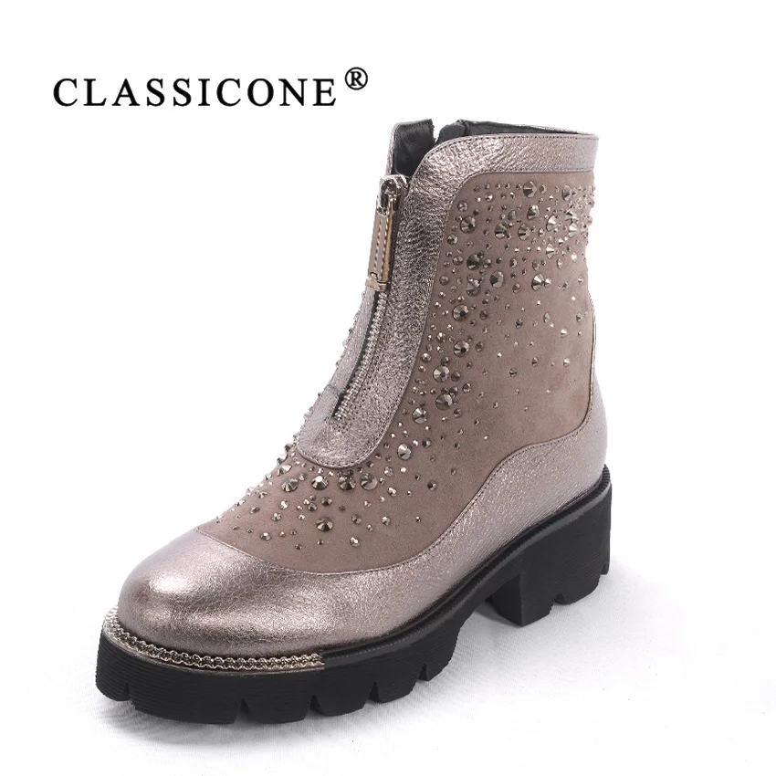 

CLASSIOCNE 2018 shoes woman winter genuine leather flats ankle boots wool warm snow boots brand fashion style crystal decoration