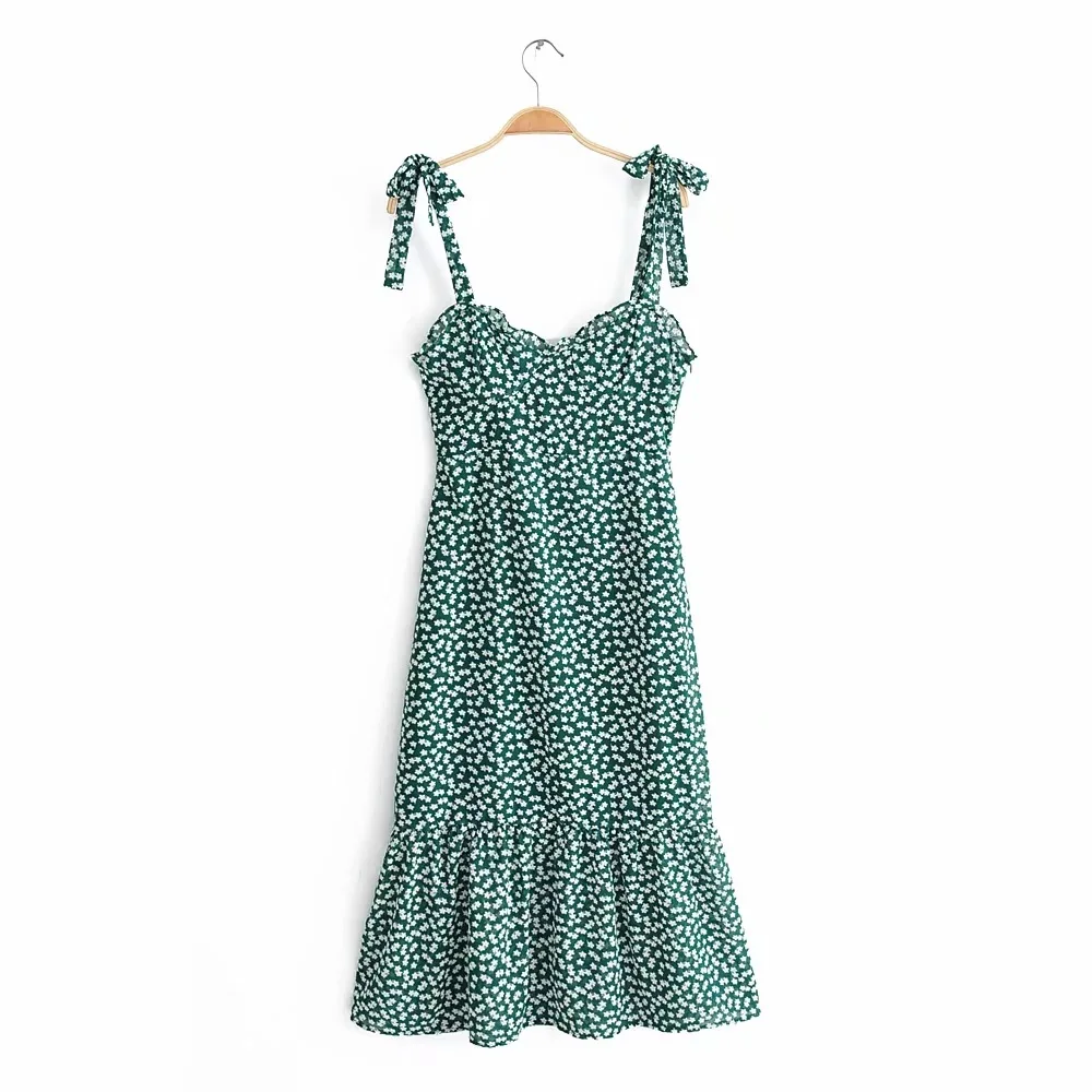 Женское винтажное длинное пляжное платье robe femme зеленое цветочное на лямках