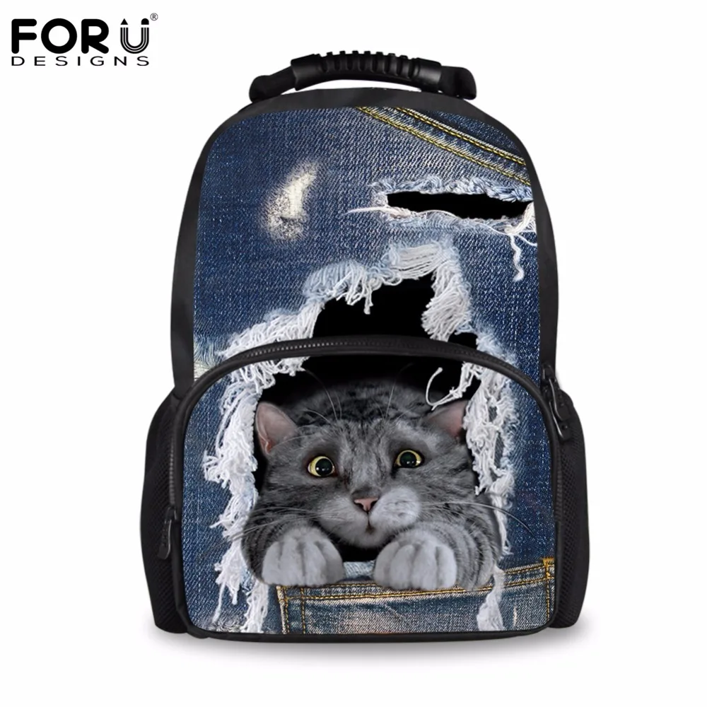 

FORUDESIGNS Jeans Style Children's Backpack Canvas School Backpacks for Teenage Girls Denim Cat Pattern Women Laptop Rucksack