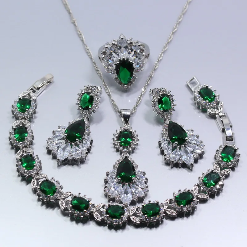 

Exclusive 925 Sterling Silver Natural Austria Crystal with Green Stones Dubai Wedding Necklace And dangle Earrings Sets