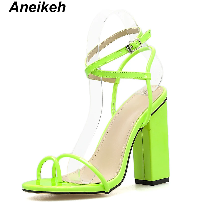 Aneikeh/ г. Модные Классические босоножки из pu искусственной кожи женские туфли на высоком квадратном каблуке с тонким ремешком, с круглым носком, с пряжкой, вечерние офисные туфли оранжевого и зеленого цвета, размеры 35-40
