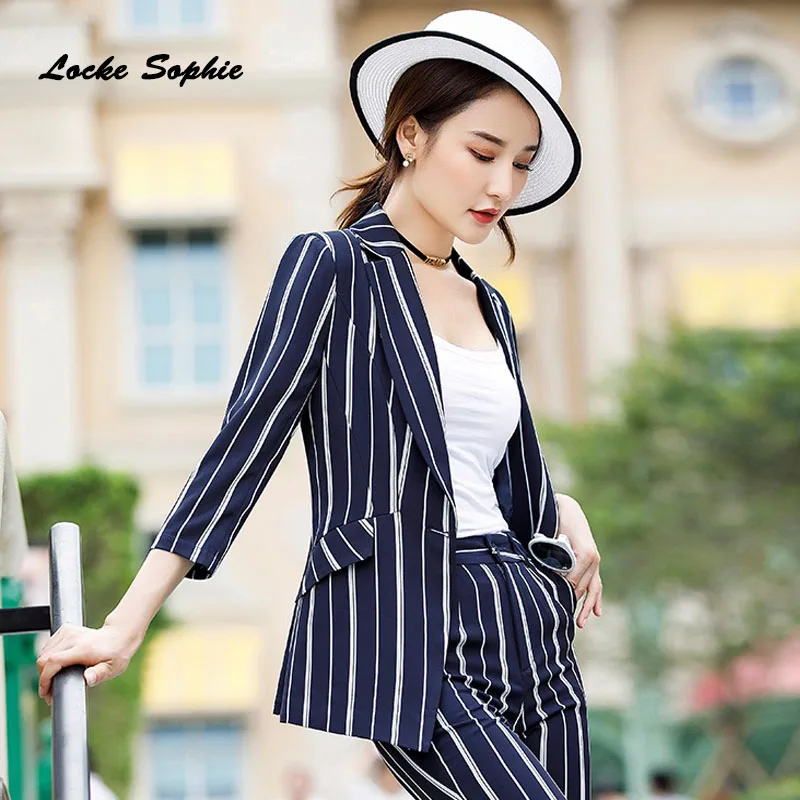 1pcs Women's Plus size Blazers coats 2019Summer cotton blend stripe Middle sleeve Small Suits jackets ladies Skinny Blazers Suit