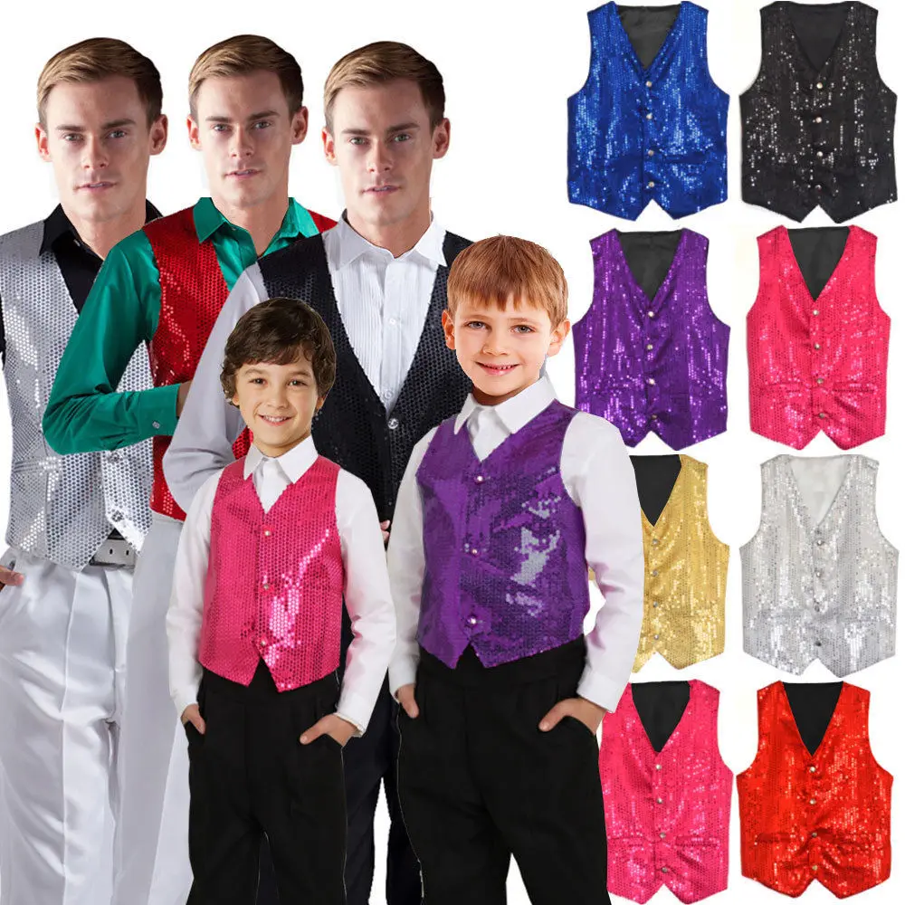 Unisex Sequin Vest Waistcoat Dance Party Show Costume Mens Womens Boys Girls