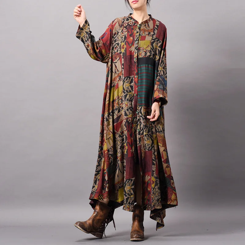 

Johnature Women Vintage Silk Shirt Dress High Quality Patchwork Print Floral Long Sleeve 2019 Spring Chinese Women Button Dress