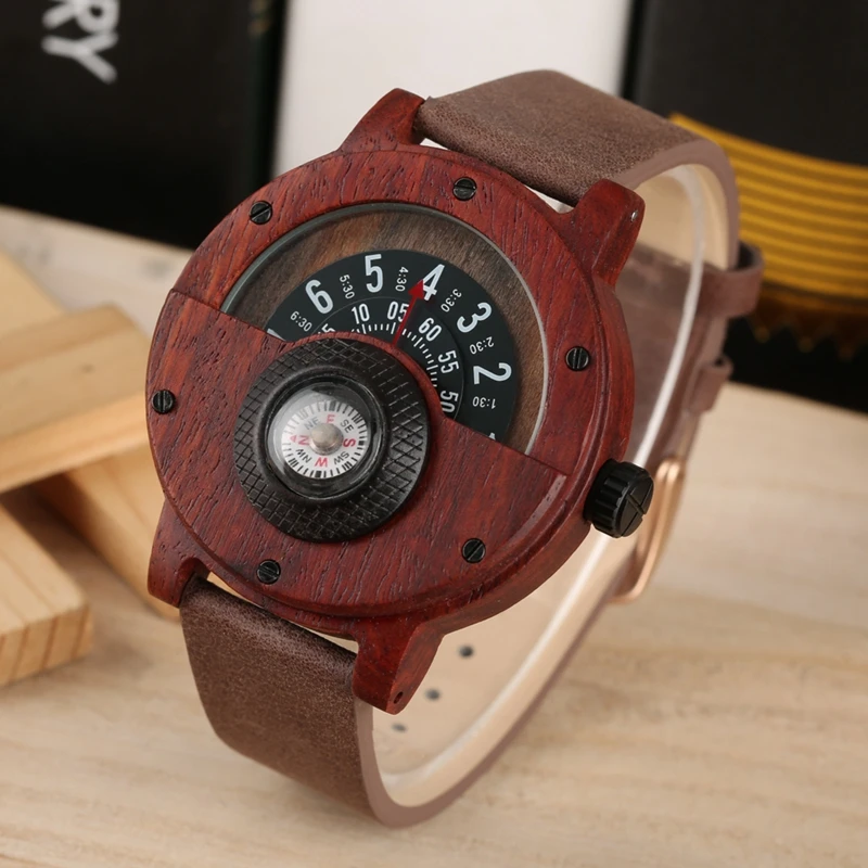 Cena Unikalny zegarek z drewna mężczyźni Retro kompas pół Dial projekt naturalne drewniane zegarek kwarcowy Top luksusowe analogowe drewniany zegarek mężczyzna zegar