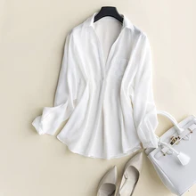 GUIYI глубокий v-образный вырез сексуальные длинные рукава свободная OL женская рубашка шелк Женская однотонная белая Удобная темпераментная футболка