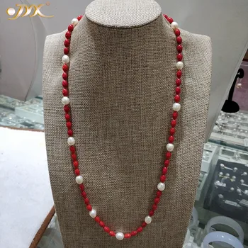 

JYX Gemstone 5*7.5mm Red Irregular Coral Beads with White Pearl Long Necklace for Women Girl Party Gifts 23"