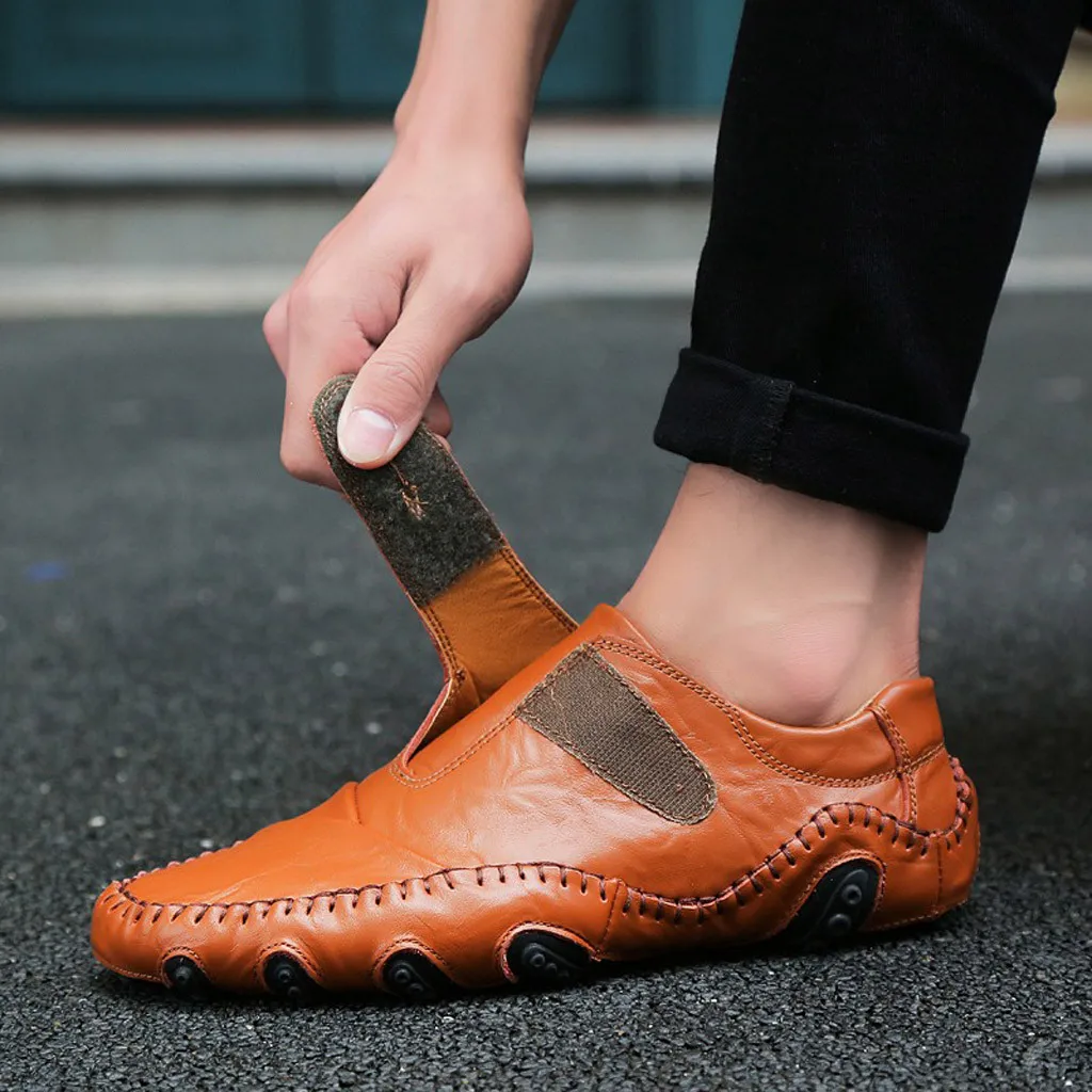 Модная Мужская дышащая кожаная обувь с круглым носком, обувь для отдыха на липучке, zapatos de cuero de los hombres sapatos masculino