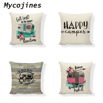 

Happy Camping Cushion Cover 45cm Letters RV Printing Linen Throw Pillowcase Birthday Gift Farmhouse Home Sofa Bedding Decoration