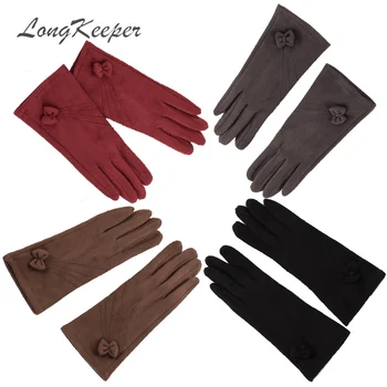 

LongKeepr Womens Touch Screen Gloves Fashion Winter Suede Warm Bow Soft Wrist Mittens Solid Color Full Finger guantes Luvas