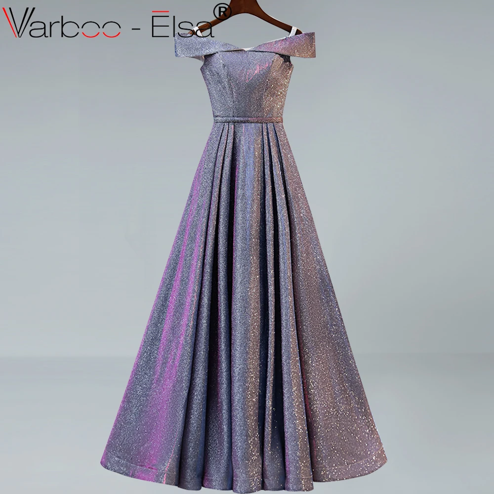 

VARBOO_ELSA shiny Evening Dresses 2019 Boat Neck Elegant Formal Party Gowns A-line Sequin purple Long Formal Evening Dresses