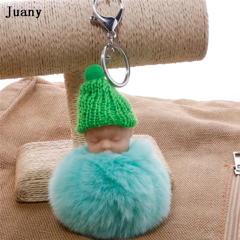 pompom key chain sleeping baby doll key chain pompom rabbit fur ball keychain car keyring women bag car pendant charm 6