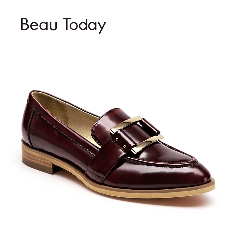 

BeauToday Women Loafers Buckle Decorated Pointed Toe Slip-On Genuine Cow Leather Spring Autumn Ladies Shoes Handmade 27050