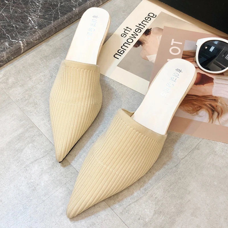 

2019 New Luxury Mules Woman Shoes Stretch Fabric Point Toe Low Heels Summer Slippers Women Female Mules Shoes Woman buty damskie