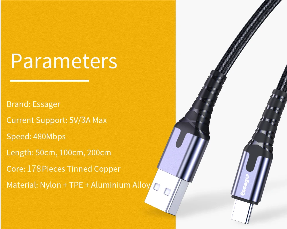 Essager Lighting câble de USB C telephone charge rapide USBC type-c câble led pour oneplus 6t 5 one plus 6t Samsung S10 A50 M30 Huawei mate 20 10 Lite P30 P20 Pro Xiao mi max 3 chargeur de USB-C de téléphone portable