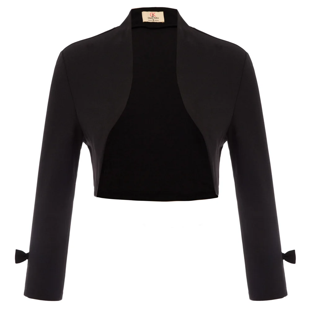 GK женское Укороченное пальто с рукавами 9/10, с открытым передним манжетом, бантиком, тонкое однотонное приталенное Болеро для свадьбы, подружки невесты, вечерние Болеро - Цвет: Black