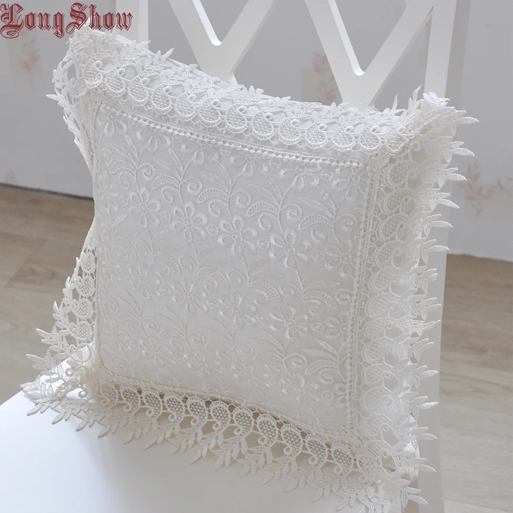 

Home Decorative Floral Style Organza Fabric 45x45cm Square Embroidery Pillow Case Pillow Cover With Elegant Lace Trimmings