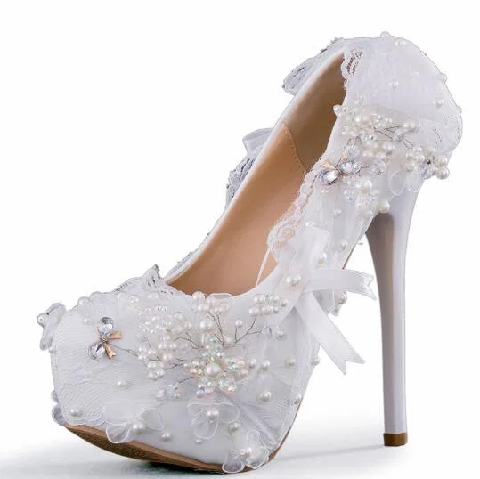 

Hot selling lace embroidery high heel shoes woman sexy platform pumps white butterfly-knot wedding heels big size the bride heel