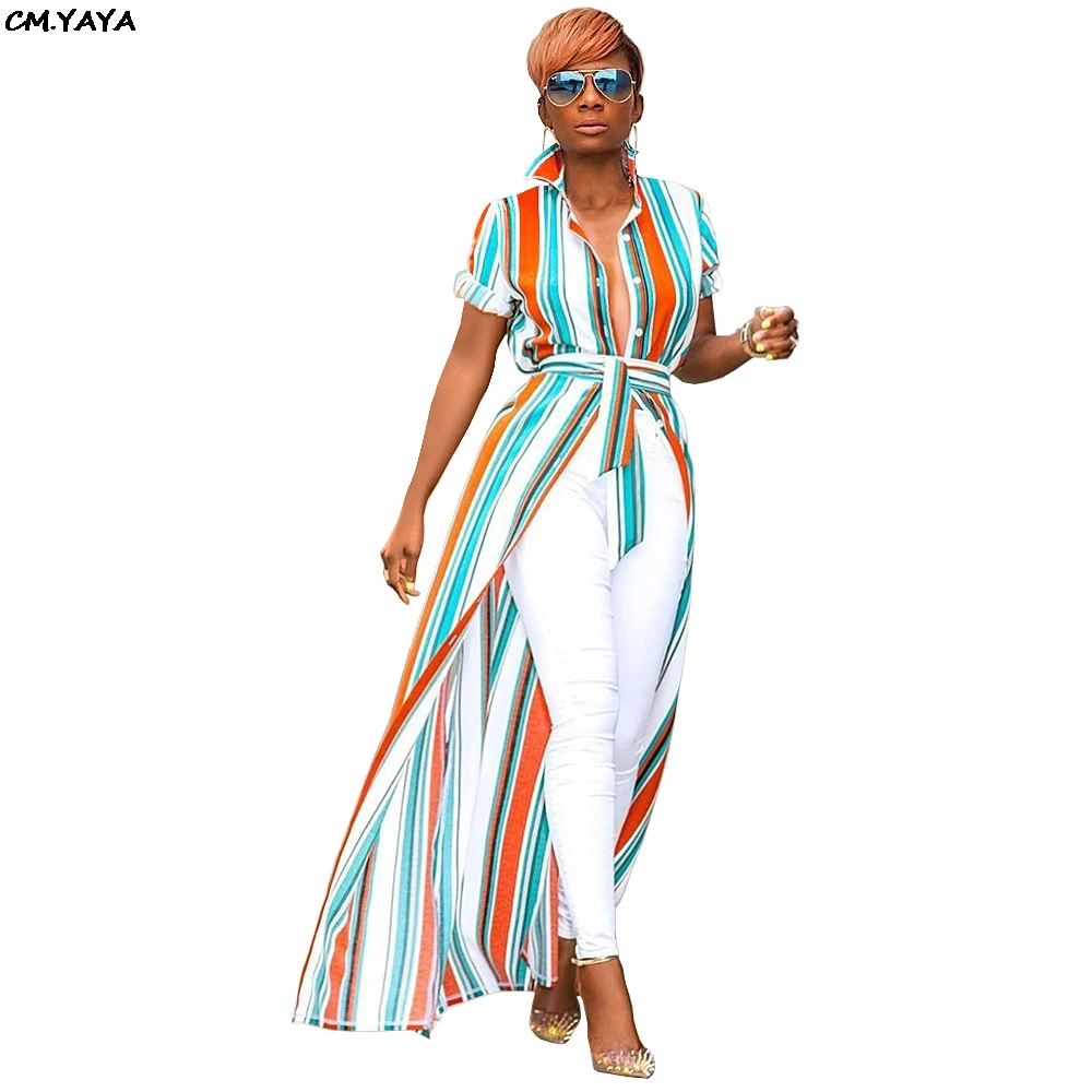 

2019 new women summer striped print open stitch short sleeve with sashes maxi blouses shirt vintage long dress vestido GLASL6138