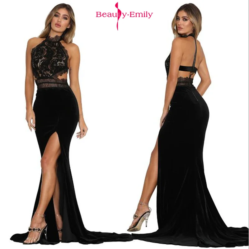 

Beauty Emily 2019 Hot Sexy Hanging Neck Evening Dresses Lace Perspective Open Back Party Dress Front Split Trailing Prom Dresses