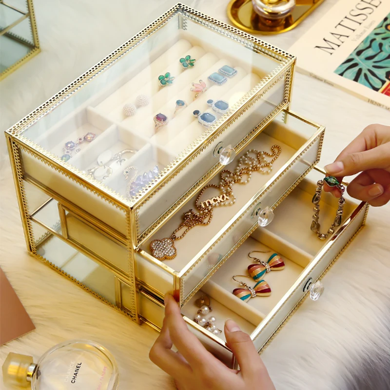 

gold edge glass makeup drawer storage box with jewelry tray 3 layers drawers metal glass makeup drawer organizer storage box