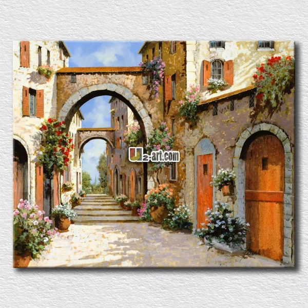 

Old city fulled with flowers oil paintings printed on canvas picture for living room decoration gift for friends
