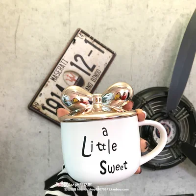 Скандинавские пары кружка позолоченный Лук Обложка Микки с крышкой Ложка Милая керамическая кофейная чашка для завтрака молока Студенческая чашка для воды подарки - Цвет: A2