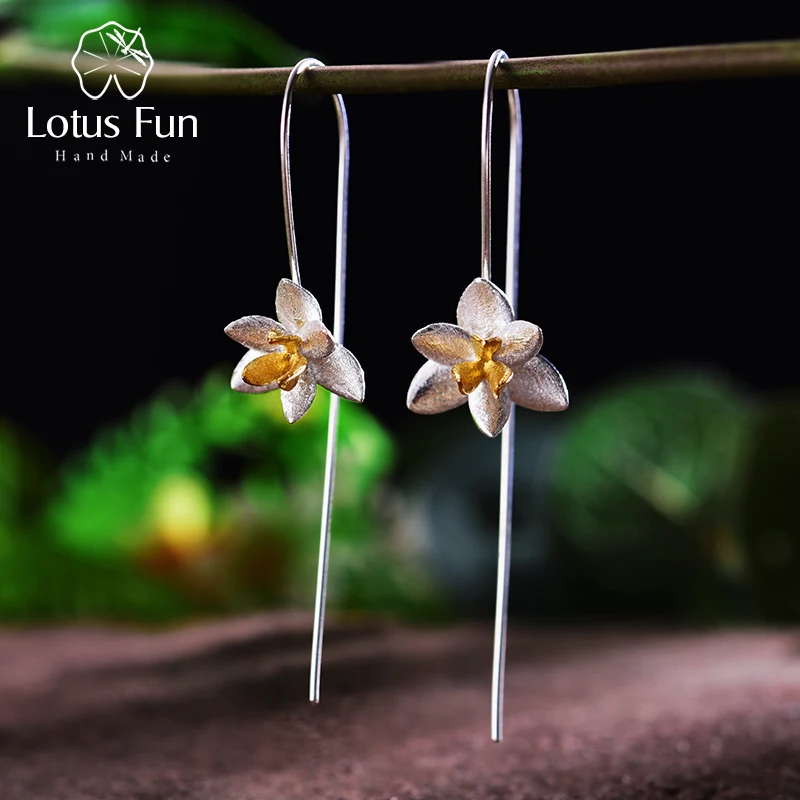 Женские серьги подвески Lotus Fun из настоящего серебра 925 пробы ручной работы с красивым цветущим цветком|drop