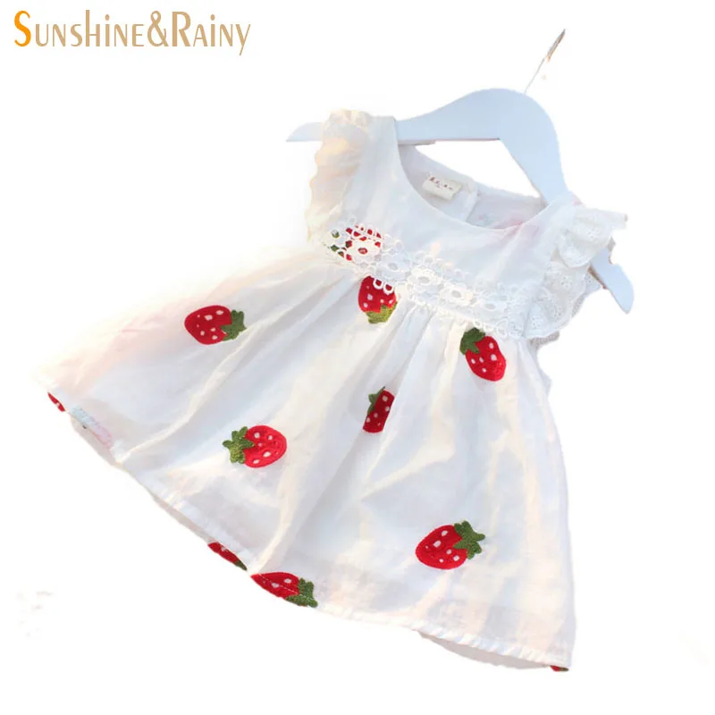 

2016 Summer Baby Girls Strawberry Printing Dresses New Born Infant Cartoon Princess Dress Boats Sleeve Embroidered Kids Clothing