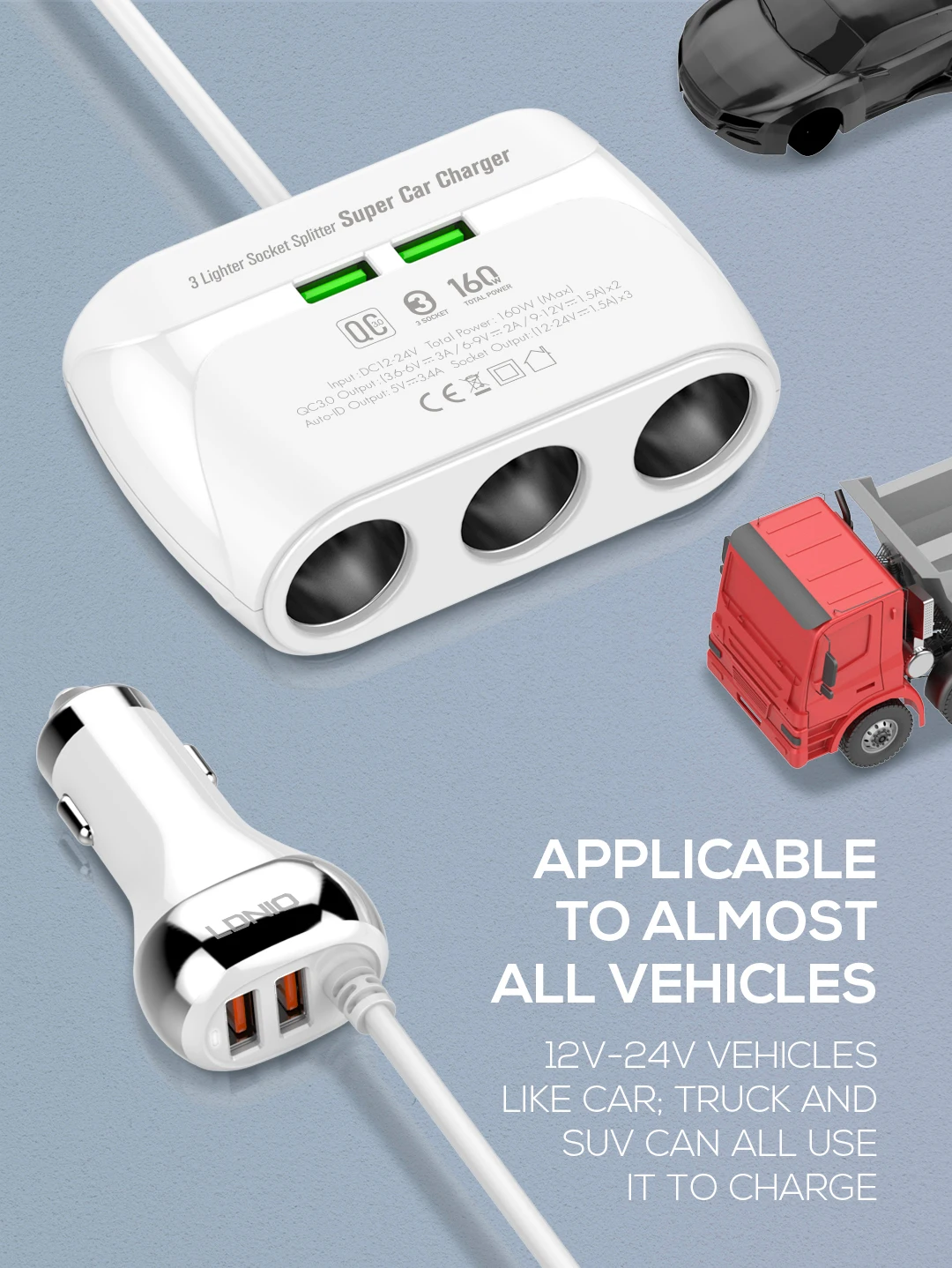 LDNIO C504 Dual QC3.0 Fast Car Charger With 3 Slot Socket Adapter description image 12