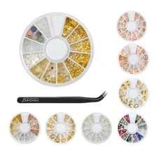 

8 Boxes 3D Nail Art Rhinestones Set Nail Studs Manicure Nail Decorations with Curved Nipper Clip Tweezer Tool for Gel Polish